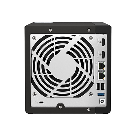 Rückseite eines schwarzen NAS-Geräts mit Lüfter, Anschlüssen und HDMI-Ports.