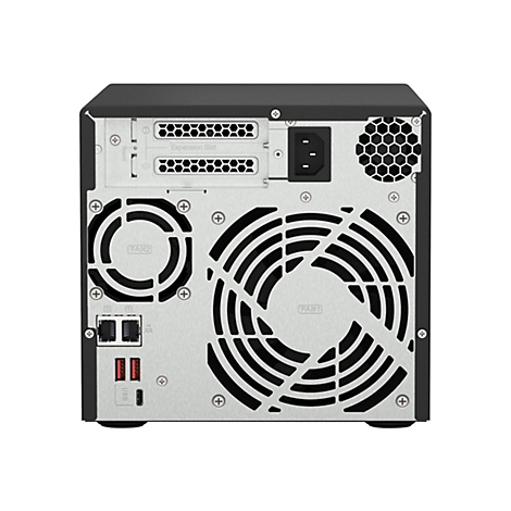 Rückseite eines schwarzen und silbernen NAS-Servers. Gezeigt werden Lüfter, Anschlüsse für Strom, Ethernet und USB. Beschriftungen: FAN1, FAN2, Expansion Slot, USB.
