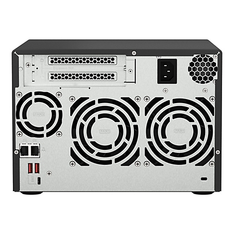 RÃ¼ckseite eines Servers, grau-schwarz, mit LÃ¼ftern, AnschlÃ¼ssen und Stromanschluss.