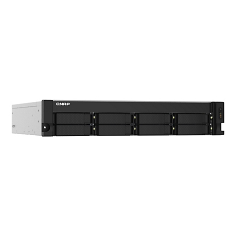 Un systÃ¨me NAS QNAP noir avec plusieurs baies sur fond blanc.