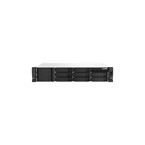 Ein schwarzer, rechteckiger Server mit acht Einschüben vor weißem Hintergrund.