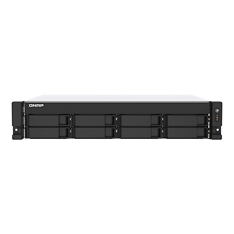 Appareil NAS QNAP noir, vue de face. L'appareil dispose de plusieurs baies pour disques durs et le logo QNAP.
