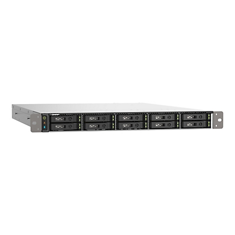 Ein Server-Rack mit 8 Einschüben, schwarze Festplatten, grüne Status-LEDs, hellgraues Gehäuse, weiße Oberfläche.