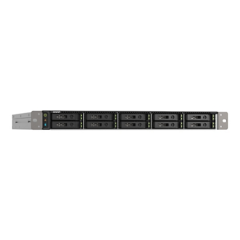 Ein QNAP NAS-Server, Frontalansicht. Der Server hat mehrere Einschübe für Festplatten, sowie LEDs und Bedienelemente.