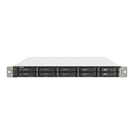 Ein QNAP NAS-Server, Frontansicht, vor weißem Hintergrund. Der Server hat mehrere Einschübe für Festplatten und ist mit Leuchten ausgestattet.