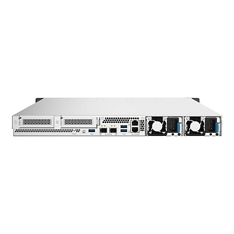 Rückansicht eines silberfarbenen Servers. Zwei Lüfter, Anschlüsse und Stromanschlüsse sind sichtbar.