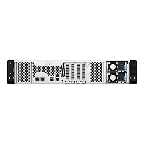 RÃ¼ckseite eines weiÃŸen Servers mit LÃ¼ftern, AnschlÃ¼ssen und einem Wabengitter.