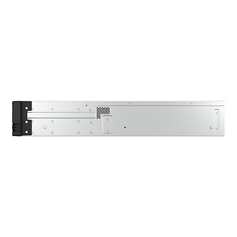 Grauer Server-Rack, seitlich betrachtet. Links schwarz, rechts silberfarben. Viele kleine LÃ¶cher und rechteckige Formen.