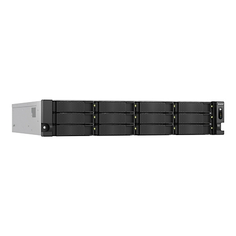 Ein schwarzes NAS-System mit mehreren EinschÃ¼ben fÃ¼r Festplatten, eingebettet in ein graues GehÃ¤use. Auf der rechten Seite befindet sich ein Bedienfeld.