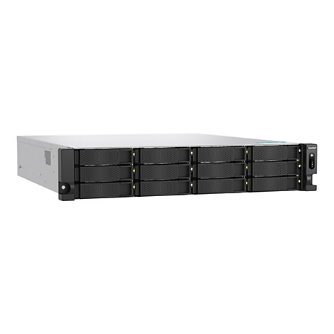 Ein Server in Schwarz und Grau. Die Frontseite zeigt mehrere LaufwerksschÃ¤chte, an der rechten Seite befinden sich KnÃ¶pfe und Anzeigen.