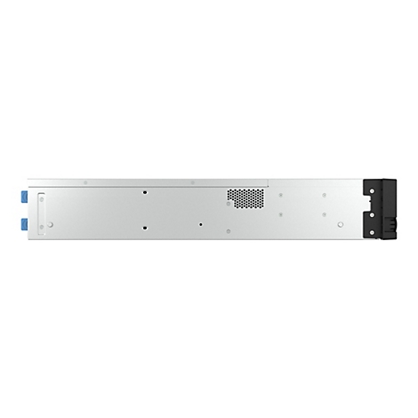Silberfarbener Server-Rack. Die Vorderseite ist mit blauen Griffen und der RÃ¼ckseite mit einem schwarzen Anschlussblock und einem LÃ¼ftungsgitter ausgestattet.