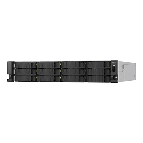 Ein graues Serverrack mit mehreren schwarzen EinschÃ¼ben, die auf weiÃŸem Hintergrund angeordnet sind.
