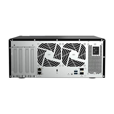 Rückseite eines schwarzen Servers mit Kühlern, Anschlüssen und Netzkabelanschluss.