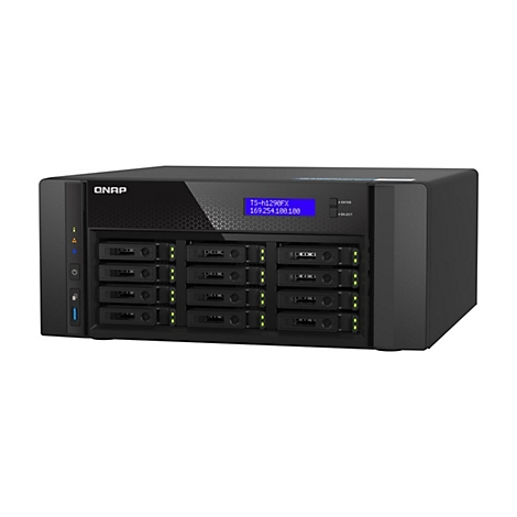Schwarzer QNAP TS-h1290FX NAS-Server mit zwölf Festplatteneinschüben und blauem Status-Display.