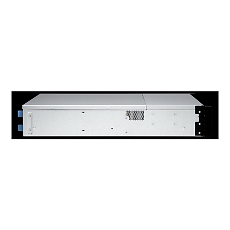 Ein grauer Server-Rack vor schwarzem Hintergrund. Auf der linken Seite befinden sich zwei blaue Anschlüsse. Das Gehäuse ist metallisch.