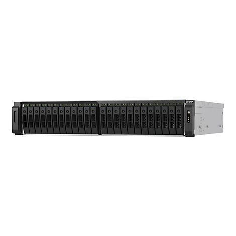 Ein schwarzes Serversystem mit vielen EinschÃ¼ben fÃ¼r Festplatten vor weiÃŸem Hintergrund.