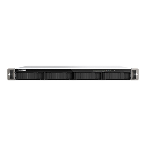 Frontansicht eines silber-schwarzen QNAP Rackmount-NAS-Servers mit vier Festplatteneinschüben.