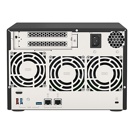 Rückansicht eines schwarzen NAS-Servers mit Lüftern, Anschlüssen und Stromanschluss.