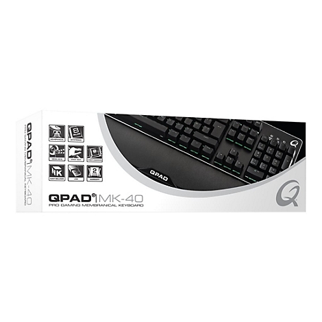 Verpackung einer schwarzen QPAD MK-40 Gaming-Tastatur. Auf der Verpackung befinden sich Logos, Produktbezeichnungen und eine Abbildung der Tastatur.