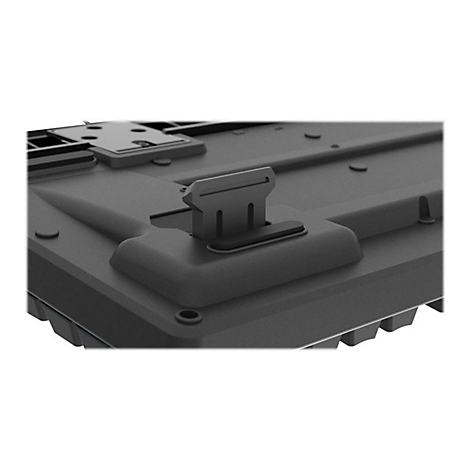 Detailaufnahme einer schwarzen mechanischen Tastatur. Fokus auf einen erhÃ¶hten FuÃŸ mit Clip-Mechanismus.