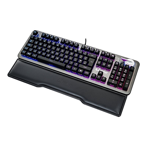 Gaming-Tastatur mit RGB-Beleuchtung und Handauflage. Schwarze Tasten auf silbernem Hintergrund. Logo an Handauflage und Tastatur.