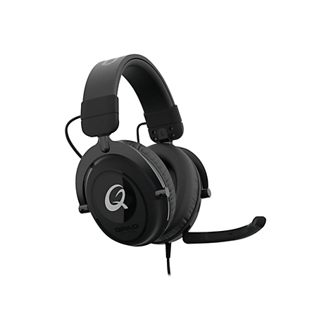 Schwarzes Gaming-Headset mit Mikrofon. Das Headset hat das Logo Q.