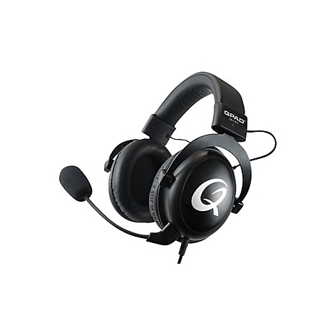 Schwarzes Gaming-Headset mit Mikrofon, QPAD Logo und weiÃŸem Hintergrund.