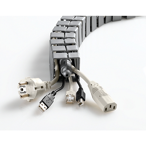 Grey cable management system with various cables and plugs, like USB, Ethernet, and power, on a white background.