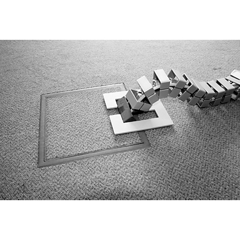 Domino effect with cubes impacting a square cut-out in the flooring.
