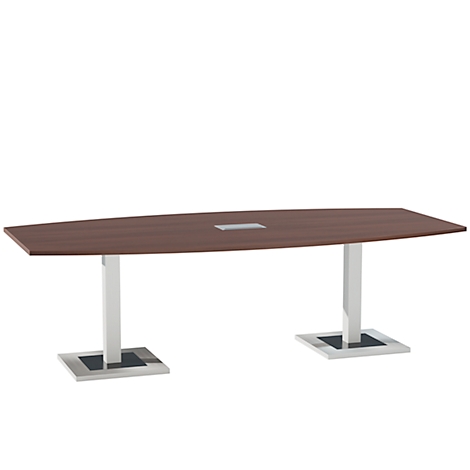 A brown conference table with silver legs, set against a white background.