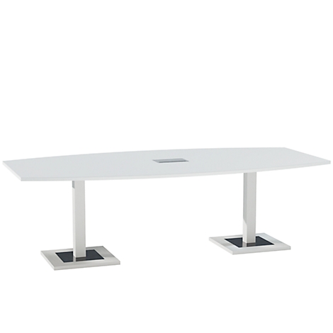 White conference table, oval shaped, two metal legs, with opening in the middle.