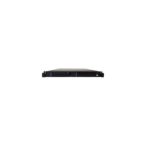 Schwarzer Server-Rack, Frontansicht, mit blauen Akzenten und einem Bedienfeld.