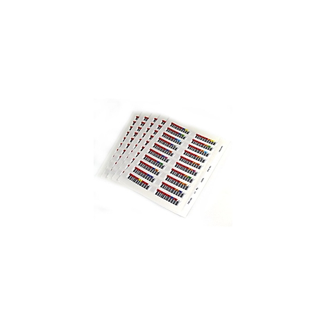 Mehrere Blätter mit farbcodierten Etiketten auf weißem Hintergrund. Jedes Etikett zeigt einen Barcode, Ziffern und farbige Balken.