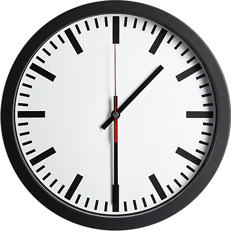 Black wall clock showing 1:06. Black frame, white face, red second hand.