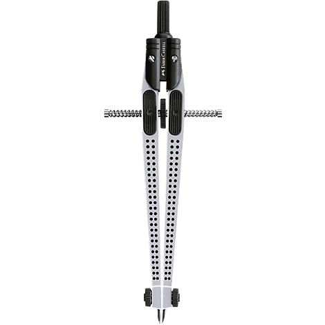 A silver compass by Faber-Castell with black details. The legs of the compass have small holes.