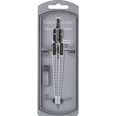 Compass by Faber-Castell in blister packaging. Black and white compass with "Schnellverstellzirkel" lettering.