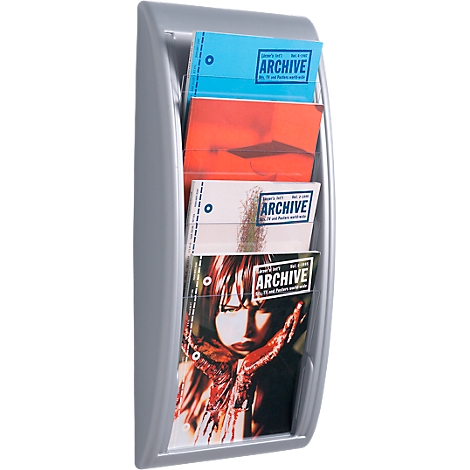 Grey brochure holder with four compartments, filled with brochures. The brochures say "ARCHIVE".