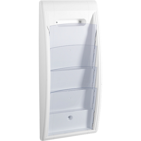 White wall-mounted brochure holder with transparent compartments.