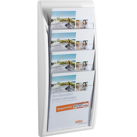 White brochure holder with brochures. The brochures show pictures of women and text. At the bottom it says "Your Health, Our Services".