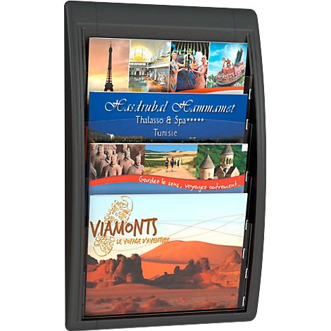 Black brochure holder with travel brochures; Eiffel Tower, Tunisian destinations, and desert landscape.