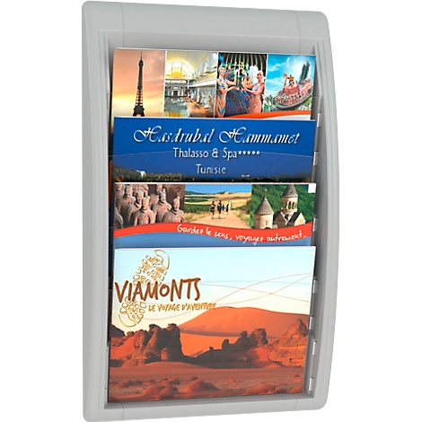 Gray brochure holder with four brochures showing travel destinations.