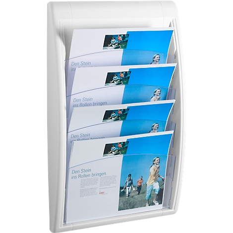 White brochure holder filled with flyers. Print: "Get the ball rolling".