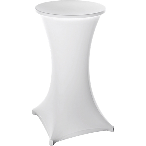 Tall, white high table with a curved shape. Round tabletop, fabric cover, square base.