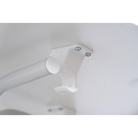 Detail view: White table leg detail with screws and bracket.