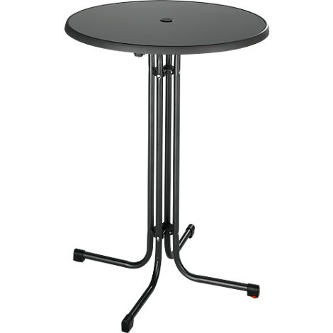 Grey high table with round table top and slim metal legs. The surface has a small hole in the middle.