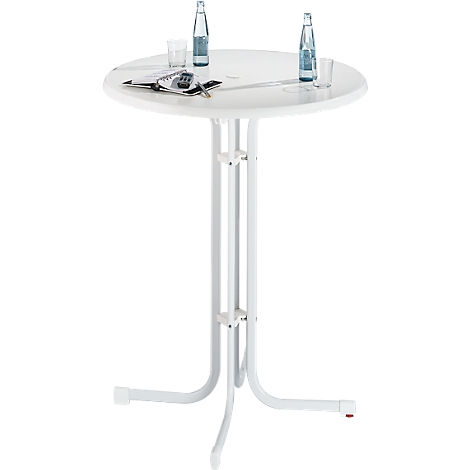 White standing table with round tabletop. On it, two bottles, glasses and papers.