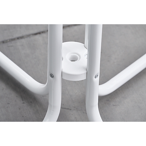 Detail shot: White painted, curved metal struts, screwed to a round, white holder. Gray background.