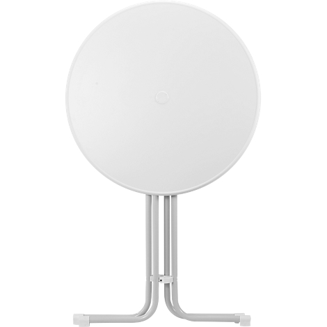 White round folding table. Tabletop with central point, metal legs.