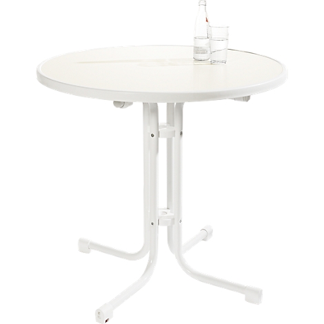 White, round high table with bottle and glass. Table leg with base.