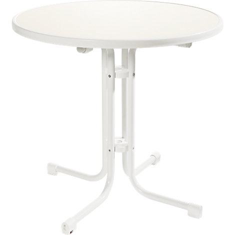 White, round table with four-legged construction. Tabletop and frame are made of metal.
